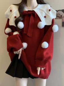 Red Knitted Sweater with Ball for Women Spring Style Doll Collar Loose Lazy Style Knitwear Big Size Comfortable Warmth Heating
