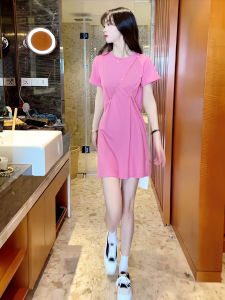 Casual High Waist Pink Pleated Midi Dress Womens Summer New Style Short Sleeve Versatile Small Size A-Line T-Shirt Dress