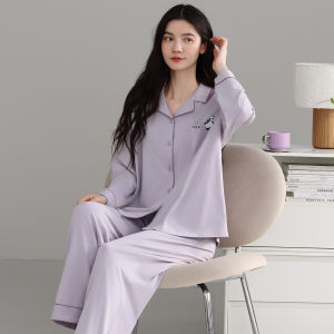 MiiOW | ชุดนอนผู้หญิงแขนยาวคอวีผ้าฝ้าย ชุดอยู่บ้านสบายๆ ฤดูใบไม้ผลิและฤดูใบไม้ร่วง ชุดนอนผู้หญิง MiiOW Cat 100%