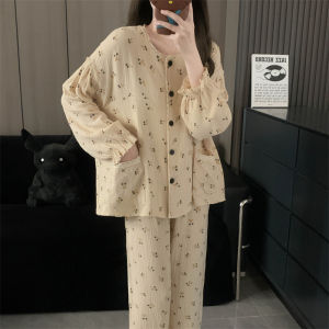 Korean Style Lace Trim Sleepwear Long Sleeve Home Clothes Set for Women Sweet Cherry Print Casual Spring Autumn Wear