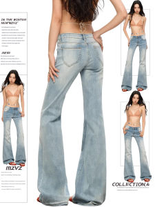 MZVZ | Quần Jeans Xòe Màu Xanh Nhạt Phong Cách Mỹ Retro