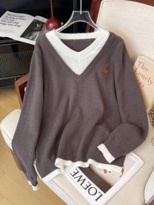 Áo len dệt kim dáng rộng cỡ lớn cổ chữ V thêu màu khối thời trang thu đông cho nữ Áo khoác ngoài bằng vải nỉ