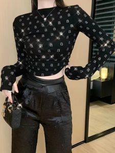 GUZILIAN | Quirky Versatile Short Letter Rhinestone Base Shirt Womens High Waist Leather Patchwork Long Pants Sweet Spicy Two-Piece Set