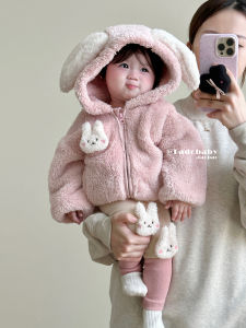 Dày Dặn Lông Cừu Mũ Tai Thỏ Em Bé Áo Khoác Mùa Thu Mùa Đông Phong Cách Dễ Thương Ấm Áp Mặc Bên Trong Cho Bé Gái Quần Áo Trẻ Em Áo Khoác Ngoài