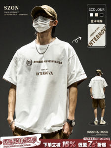 White Cotton T-Shirt Mens Loose Fit Short Sleeve round Neck Printed Casual Summer Fashion Brand Single Piece Mock Two-Piece