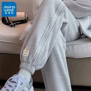 Jeanswest Womens Fleece Lined Casual Sports Pants Spring Autumn Small Size 2025 New Style Elastic Waist Straight Leg Trousers