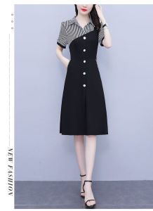 Korean version Plus Size  womens dresses filipinina modern New Style Fashion Mom outfit Fake two dress Stripe Short Sleeves dress