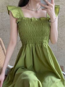 French Style Avocado Green Fly Sleeve Strap Dress Womens High Waist A-Line Midi Dress Summer Beach Vacation Casual Commute