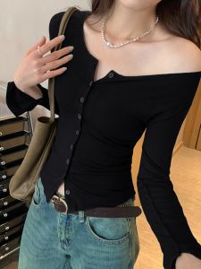 French Elegant Long Sleeve Open Cardigan T-Shirt Womens Spring Autumn Slim Fit Thin Style Shoulder Bared Base Shirt