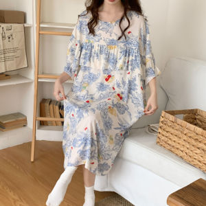 พลัสไซส์ ผู้หญิง ฤดูร้อน ชุดนอน แขนสั้น ผ้าไหม ผ้าฝ้าย ผ้ากอซ เดรส ใส่สบาย ระบายอากาศได้ดี ชุดราตรีสําหรับพักผ่อนในบ้าน