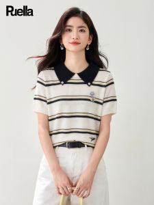 puella | Áo Knit Nữ Hàn Quốc Cổ Đối Chiếu Sọc