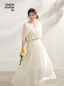 ZHANGDAREN | Bộ Áo Chiffon Tay Batwing Giảm Cân Size Lớn và Chân Váy Xòe Cao Waisted