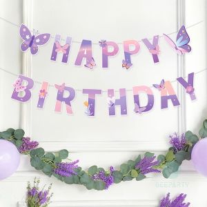 GeeParty 1 Set NEW Purple Pink Butterfly Banner Paper Flag Banner Pendant for Birthday Party Decors