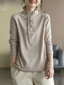 Spring & Fall New Arrival Dralon Double-Sided Brushed Base Shirt Womens Pure Color Fungus Long Sleeve T-shirt Half Turtleneck Lace-Collared Blouse