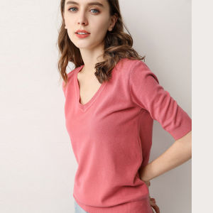 Spring Summer New Five-Quarter Sleeve Wool Womens V-neck Korean Style Knitted Casual Loose Outerwear Slimming Thin Model