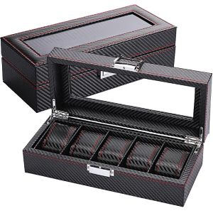 WellZone Fashion Style 5/6/10/12 Positions Black Carbon Fiber Pattern Display Jewelry Storage Case Box Watch Storage Case