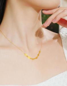 ZHOU LIU FU 周六福 750/18K Yellow Gold Necklace Fu Copper Coin Necklace Golden Beads Trendy Chain Necklace for Women Mom Couple Gold Jewelry Birthday 40+5cm C0621034