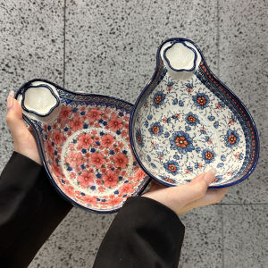 Hand-Painted Ceramic Dumpling Plate French Fries Plate Ethnic Style Retro Relief Sculpture Beautiful Self-Kept Model