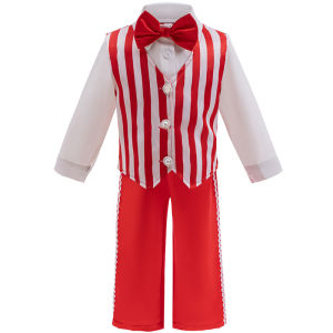 ชุดสูทเด็กผู้ชายสำหรับงานปาร์ตี้คริสต์มาส สีแดง ชุดปีใหม่ 3 ชิ้น เสื้อ+เสื้อกั๊กลายทาง+กางเกง ชุดเด็กผู้ชาย ชุดแฟนซีคริสต์มาส