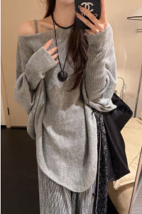 Plus Size Stylish Batwing Sleeve Asymmetrical Knitwear Womens off-Shoulder Sweater Loose Slim Looking Lazy Style Top Ins
