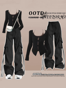 ชุดกางเกงทำงานสตรีทสไตล์สตรีท ชุดแฟชั่นฤดูใบไม้ผลิและฤดูใบไม้ร่วง ชุดกางเกงยีนส์สีน้ำเงินอ่อน ชุดแฟชั่นสตรีทสไตล์สตรีท