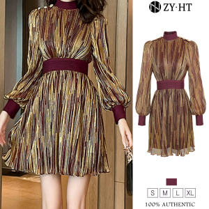 ZYHT EraVogue Womens Dresses Gold Dresses Long Sleeve Dresses A-Rim Dresses Shiny Dresses Hiso Dresses Vintage Dresses Dress Party Dresses French Dresses 30761