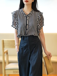 QINGNAER | Plus Size Unique Designer Striped Short Sleeve Blouse