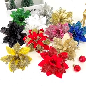 5Pcs Christmas Glitter Flowers Gold Red Poinsettia Flowers for Christmas Gifts Xmas Tree Hanging Ornament Home Merry Christmas Ornaments