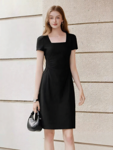 XIANGYING | Black Squared Neck Knit Dress Pinched Waist