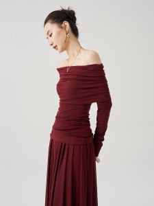 Váy Dài Vai Màu Đỏ Cho Nữ Mùa Thu Thiết Kế Gấp Xếp Ly Tay Dài + Váy Nửa Thân Hai Mảnh