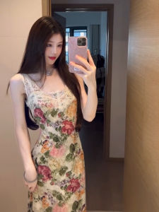 ภาพวาดสีน้ํามันฝรั่งเศสย้อนยุคสไตล์ชนบท ลูกไม้ ห่อ กระโปรง ผู้หญิง Pure Desire พิมพ์ เอว พรางหุ่น วันหยุด กระโปรง