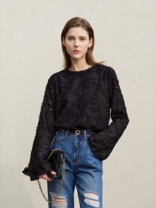 AMII | Round Collar Ribbon Embroidered Organza Top