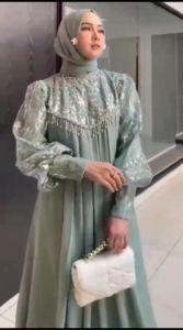 Gamis Terbaru 2023 Kekinian Shenna Gown Dress Bahan Ceruty Babydoll Mix Brukat Payet Dress Wanita