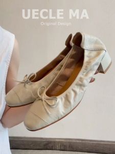 สไตล์ฝรั่งเศส นุ่ม รองเท้าบัลเล่ต์ด้านล่าง ผู้หญิง รองเท้าหนังแพะด้านบนกลางพื้นรองเท้ายางกันลื่น หลากหลาย ปมผีเสื้อ