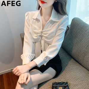 AEEG new Korean version of V-neck bow fashion loose and versatile temperament chiffon long sleeve blouse for women