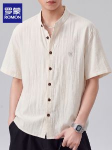 ROMON | Vintage Short Sleeve Shirt for Men Summer Lightweight Chinese Style Standing Collar Embroidered Breathable