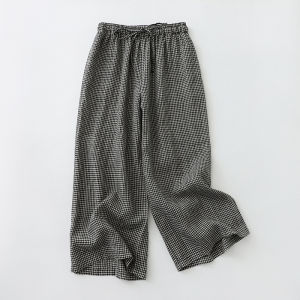 กางเกงขายาวทรงหลวมเอวสูงผ้าฝ้ายลินินลายสก็อตสำหรับผู้หญิง กางเกงขายาวทรงตรงทรงหลวมสำหรับใส่ไปทำงานในฤดูร้อน