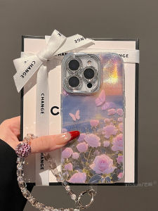 Spring New Fairy Style Pink Butterfly Rose Bush Full Cover Lens Protection Phone Case for  16ProMax 17Pro Womens Model 14Pro 13HighEnd Oil Painting