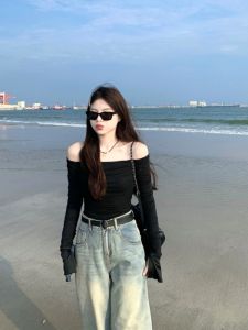 Black Shoulder Bared Long Sleeve Slim Fit Womens T-shirt Early Autumn New Style Sweet And Spicy Short Inner Wear Top