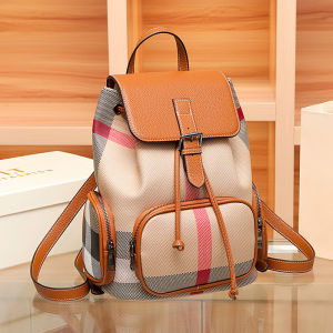 Leather Double Shoulder Bag Womens Casual Travel Backpack Large Capacity Fashionable Plaid Trendy Backpack for Young Women