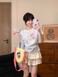 Áo Thun Nữ Cổ Tròn Tay Ngắn in Hình Mèo Dễ Thương Màu Kem Ngắn Không Hở Eo Dáng Ôm Vừa Vặn Mùa Hè Chất Liệu Cotton Pha Trộn