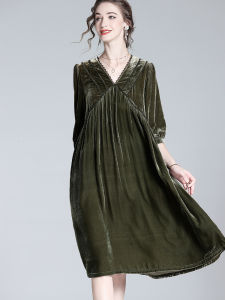 Silk Velvet Dress High Waist Loose Fit Slimming Skirt French Lady Style Tea Break Maternity Dress Luxury Elegant Autumn New Arrival