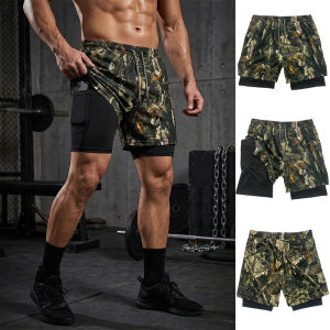 Leaf Camo Print 2 in 1 Shorts for Men Gym Workout Running Shorts with Phone Pocket Summer Sports Athletic Quick Dry Activewear