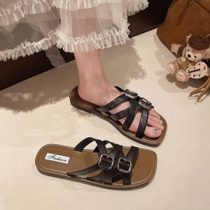 HF Women Summer Flat Sandals PVC Multi Strap Casual Fashion Slippers Lightweight Outdoor 8811