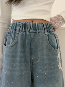 Kids Jeans Loose Wide-leg Pants With Butterfly Rhinestone Design Korean-style Girls Casual Straight-leg Trousers