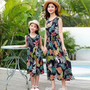 Daughter Mother Matching Clothes Cotton Silk Vest Summer Beach Floral Print Girls Dress Children Outfits Korean Style Skirt