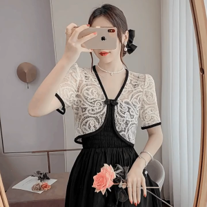 White Black Embroidered Silk Lace Bolero - Short Sleeve Filipiniana Shirt Top for Women