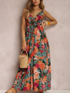 กระโปรงยาวผู้หญิง กระโปรงยาวแขนกุดพิมพ์ลาย ทรงเอ คอวี แขนกุด กระโปรงยาวปานกลาง ฤดูร้อน 2023 กระโปรงสั้น