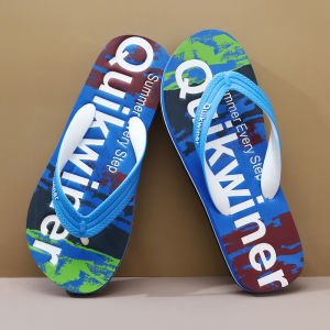 New Mens Summer Anti-Slip Flip Flops Beach Shoes Outdoor Trendy Korean Version Slip-On Rubber Upper Flat Heel Color Block EVA Sole