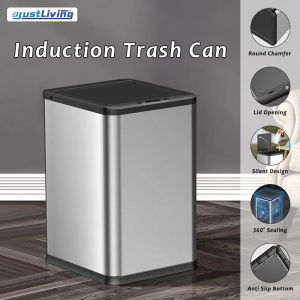 JustLiving 1PC 10/15/18L Automatic Smart Induction Sensor Trash Can Light Luxury Stainless Steel Automatic Electric Household Dustbin Living Room Bedroom Toilet Bathroom Kitchen Trash Bin